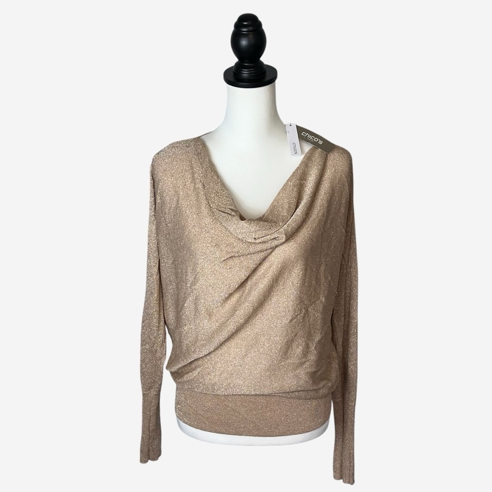 NWT Chicos Ceara Shine Pullover Gold Metallic Cowl Neck Sweater • Size M